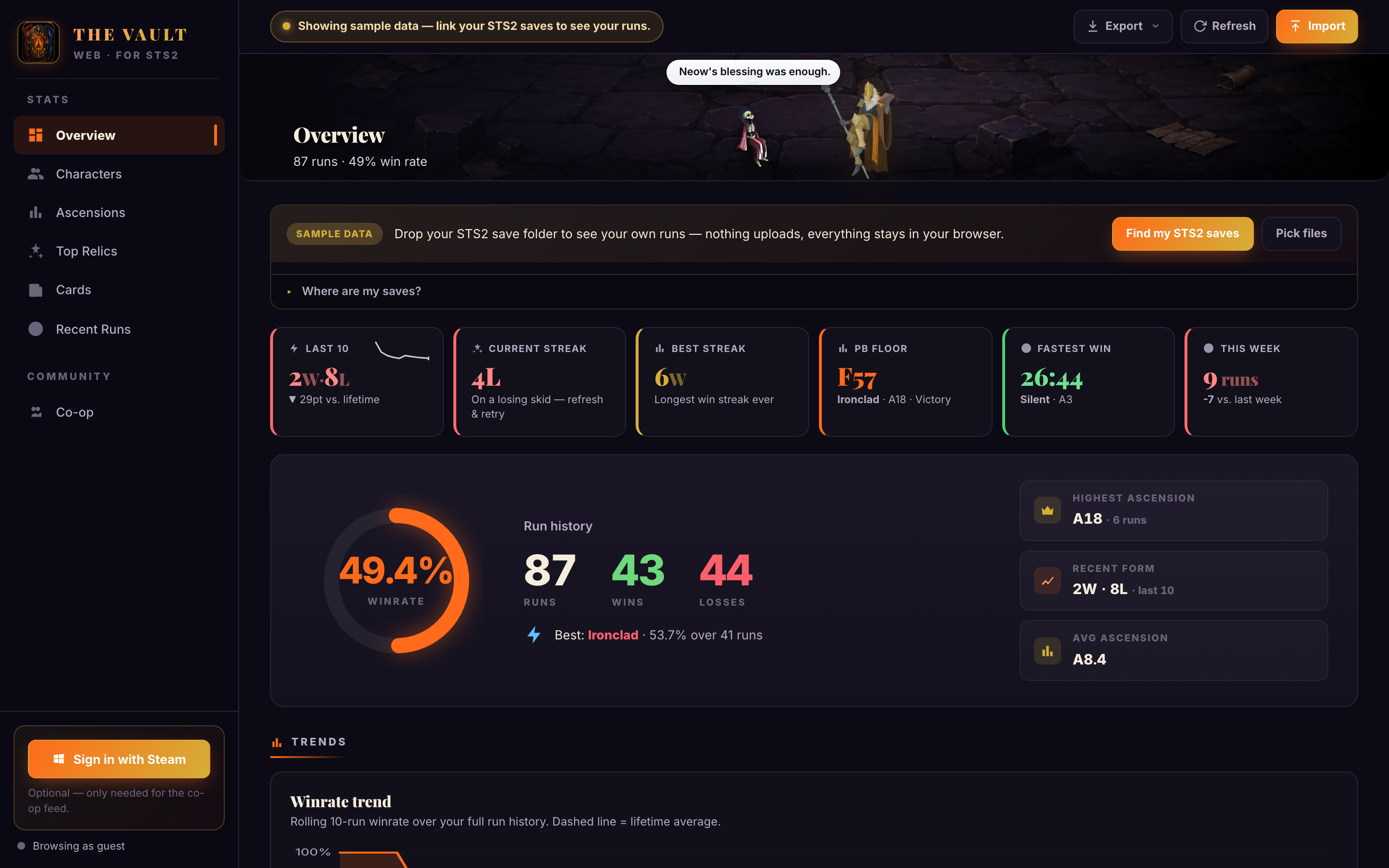 The Vault running on macOS — Overview tab with real run history, winrate, and per-character stats