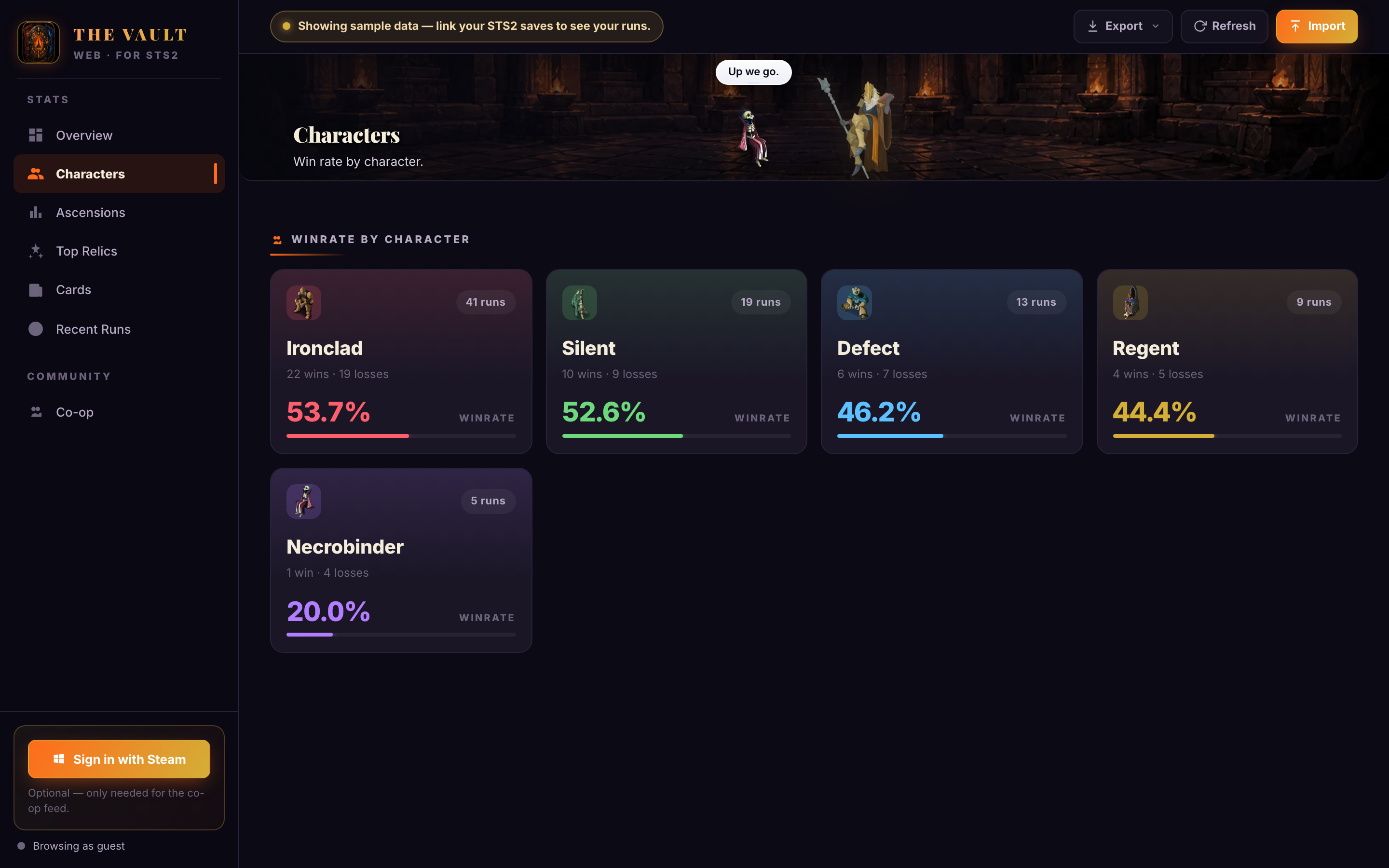 Characters tab — winrate cards for every STS2 character with run counts and per-character winrate trend