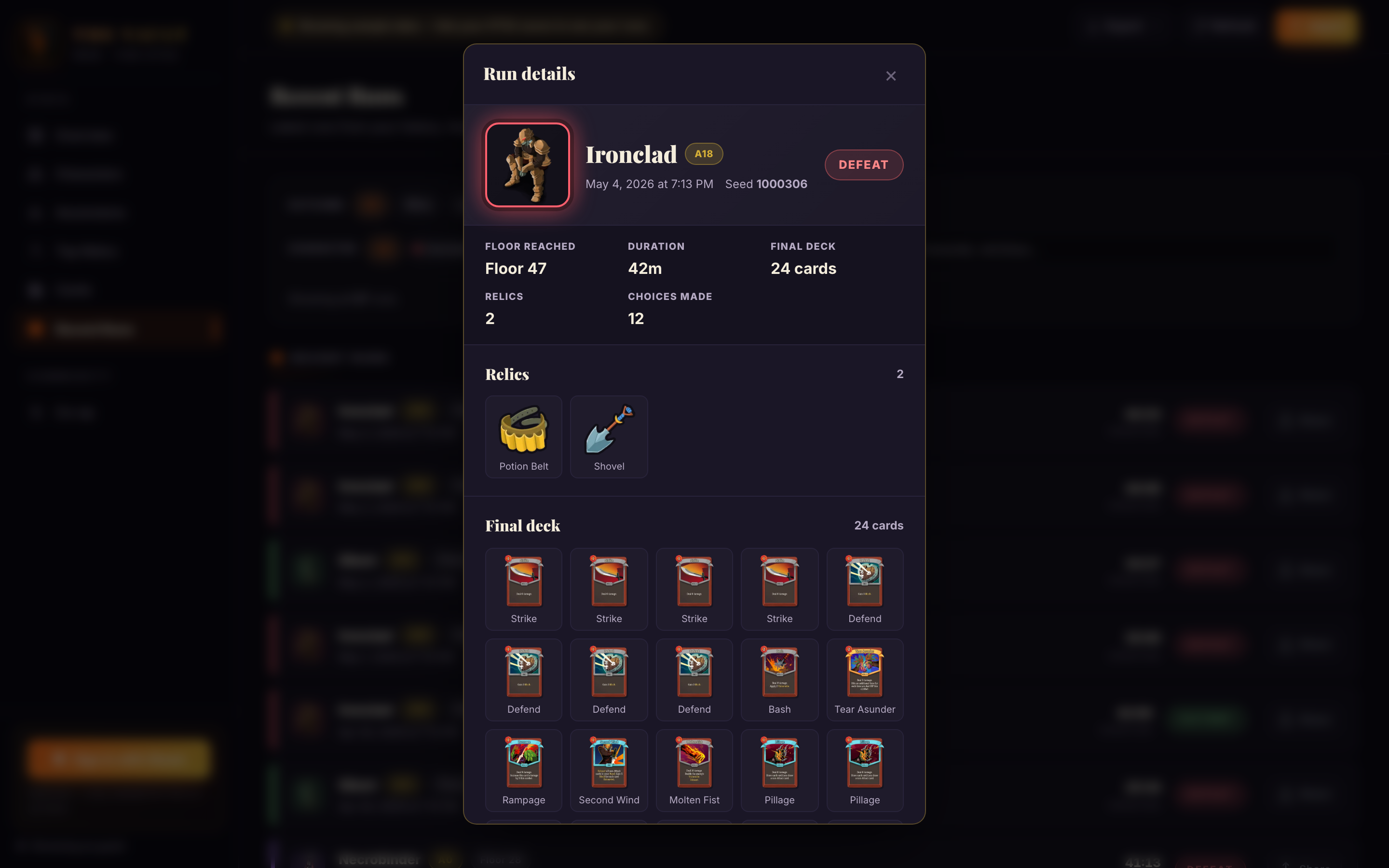 Run detail modal — character portrait, full stats, every relic with its icon, every card in the final deck with its art