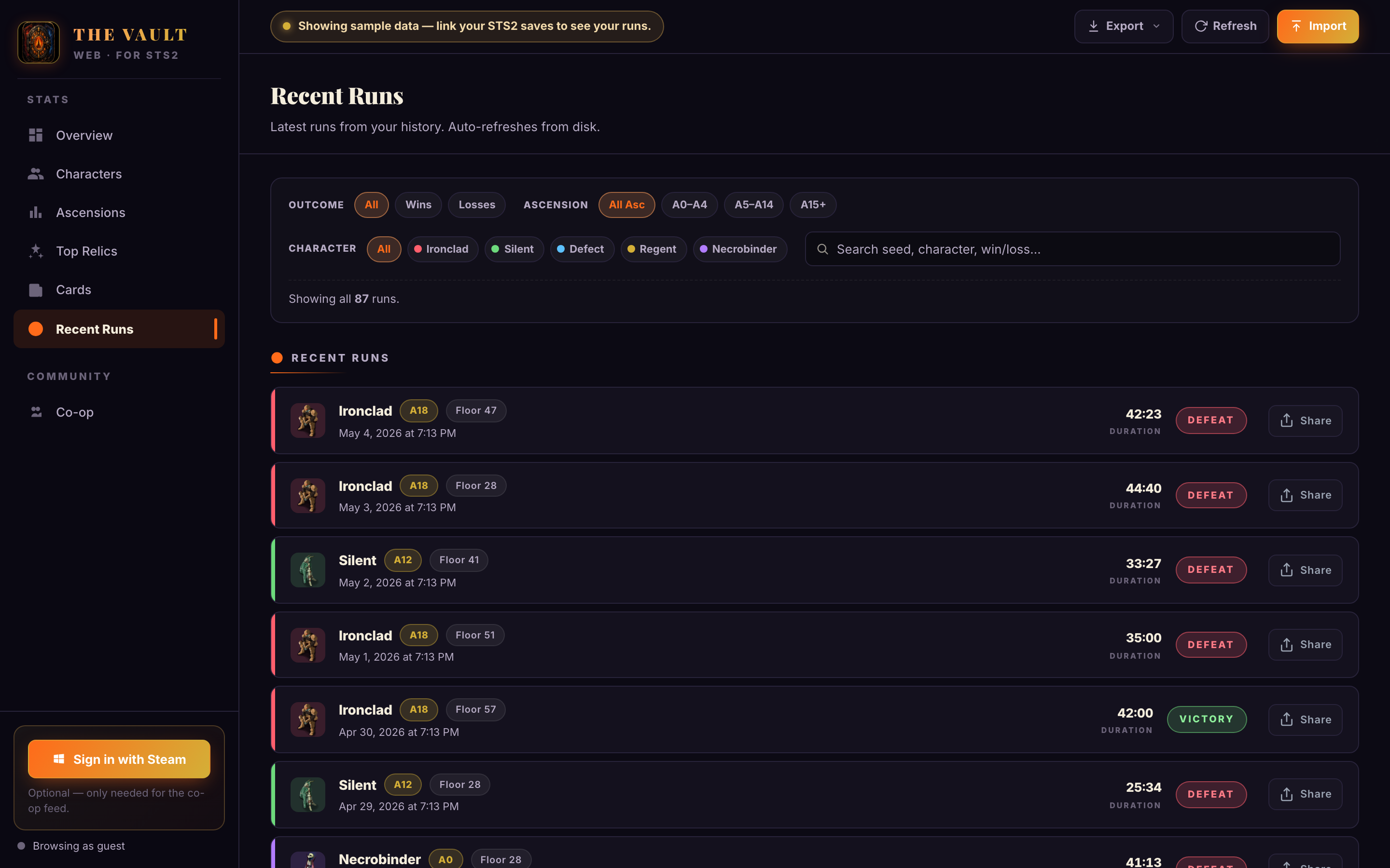 Recent Runs tab — filter chips by character/outcome/ascension, search, sortable run list